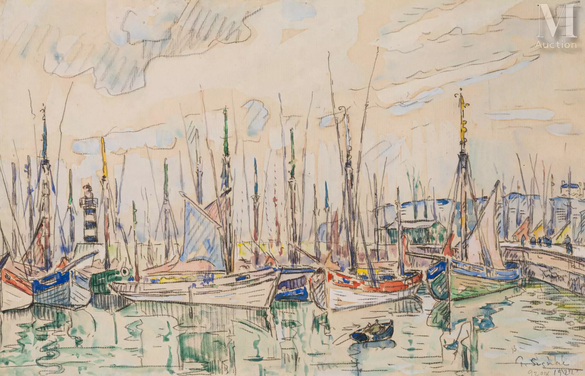 Paul SIGNAC (Paris 1863 - 1935)Voiliers au port, Groix, 1922 Aquarelle sur trait de fusain 