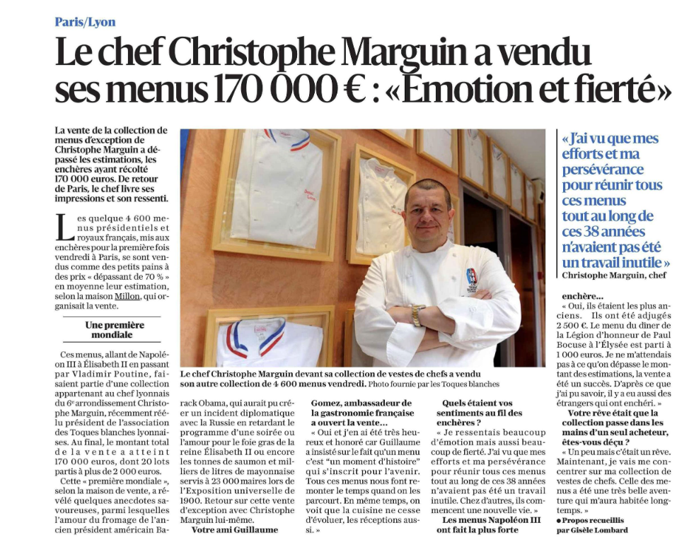 MILLON LYON - Article résultat de vente Chef Christophe Marguin